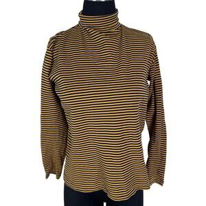 Vintage 70s Dorette Striped Turtleneck Top - Mustard & Navy Back Zip Mod Knit M